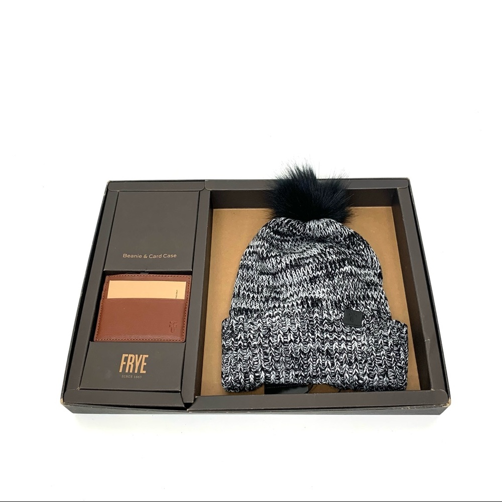 Frye Gift Set Black White Pom Pom Knit Hat & Brown Leather Card Case Card Holder